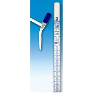 Burette classe AS, vetro borosilicato, striscia Schlebach, ml 25:1/20, corpo orig. tedesco, rubinetto a squadra valvola a spillo